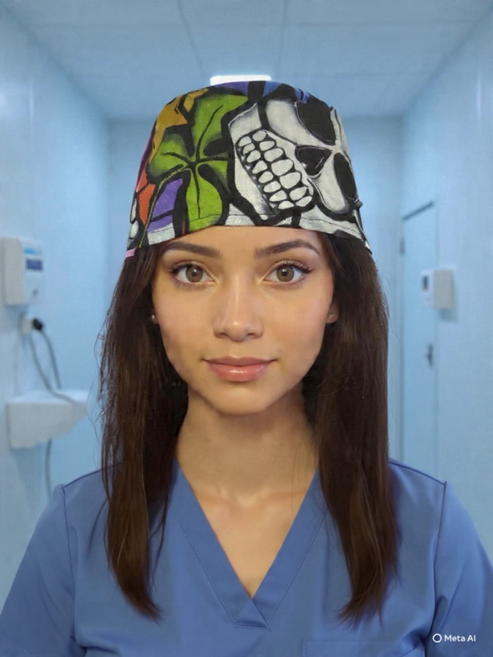 Skull & Floral Print Scrub Cap Hat - Multicolor